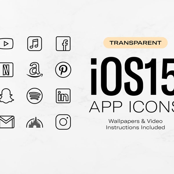 Transparent Black iPhone App Icons - Clean Outlined Minimal - Wallpapers Included - iOS16 & iOS15 App Icon Pack - High Quality PNG
