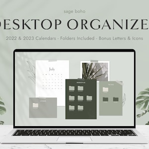 Sage Green Boho Desktop Wallpaper Organizer | Includes Folders | 2022, 2023 Monthly Calendars | Sage Green Boho | Letter & Number Icons