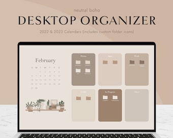Boho Desktop Wallpaper Organizer | 2023-2024 Calendar, Folder Icons (Digital Download)