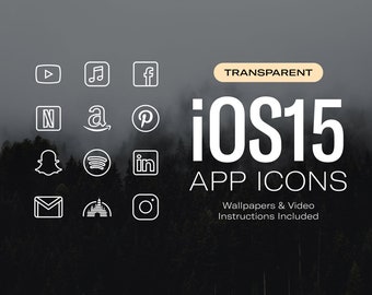 May include: A set of transparent iOS 15 app icons for popular apps like YouTube, Spotify, Instagram, and more. The icons are white outlines on a black background. The text "TRANSPARENT iOS 15 APP ICONS" is in white on a black background. The text "Wallpapers & Video Instructions Included" is in white on a black background.