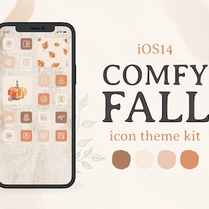 May include: iOS14 Comfy Fall icon theme kit with a phone mockup displaying a variety of icons with fall-themed designs. The icons are in shades of brown, beige, and orange. The text "iOS14 Comfy Fall icon theme kit" is displayed above the phone mockup.