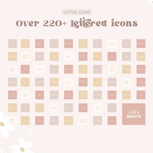 May include: A graphic design illustration of over 220+ lettered icons in a grid pattern. The icons are in various shades of pink, beige, and cream. The text "Over 220+ Lettered Icons" is at the top of the image. The text "+154 more" is in the bottom right corner of the image.