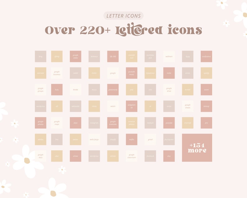 May include: A graphic design illustration of over 220+ lettered icons in a grid pattern. The icons are in various shades of pink, beige, and cream. The text "Over 220+ Lettered Icons" is at the top of the image. The text "+154 more" is in the bottom right corner of the image.