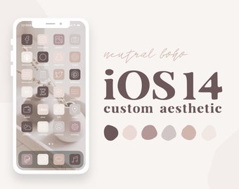 May include: A mockup of an iPhone screen with a custom iOS 14 aesthetic. The home screen features a neutral boho theme with icons in a minimalist style. The icons are outlined in white and set against a background of various shades of brown and beige. The text "neutral boho iOS 14 custom aesthetic" is displayed above the phone screen.