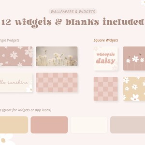 May include: A digital download of 12 phone widgets and blank templates featuring a daisy theme. The widgets include a checkered pattern, a daisy pattern, and text that says "whoopsie daisy" and "hello sunshine".