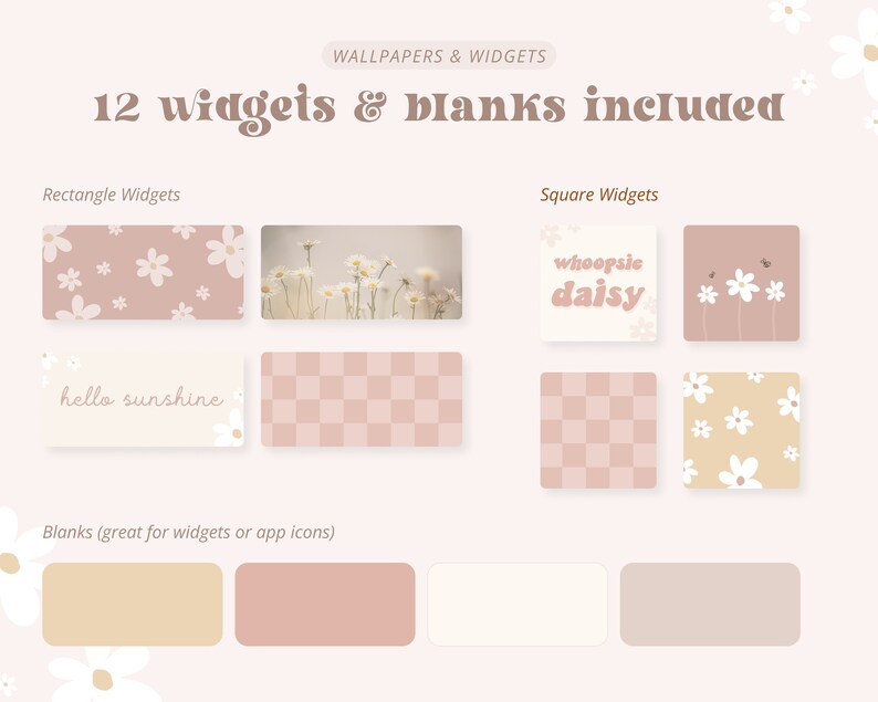 May include: A digital download of 12 phone widgets and blank templates featuring a daisy theme. The widgets include a checkered pattern, a daisy pattern, and text that says "whoopsie daisy" and "hello sunshine".