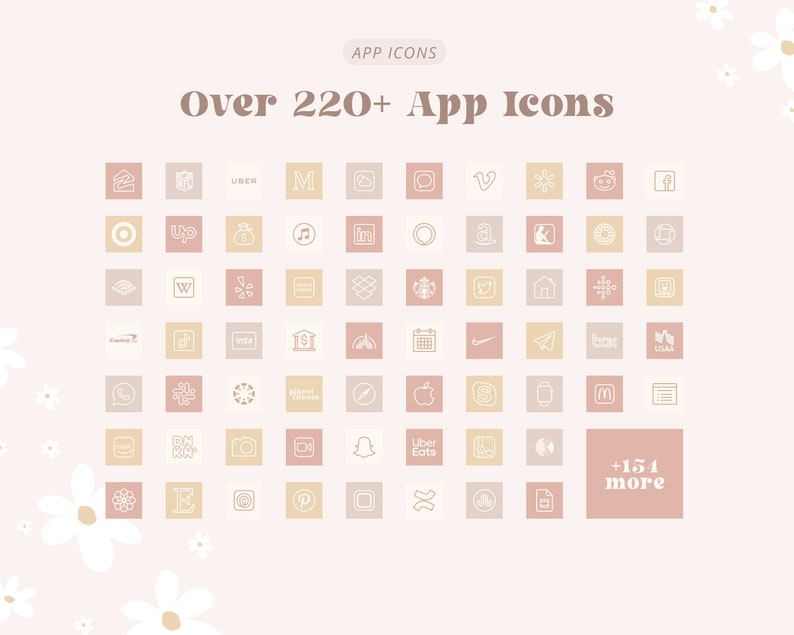 May include: A collection of over 220 app icons arranged in a grid. The icons are white on a pink and beige background. The icons include popular apps such as Uber, Instagram, Facebook, and Amazon.