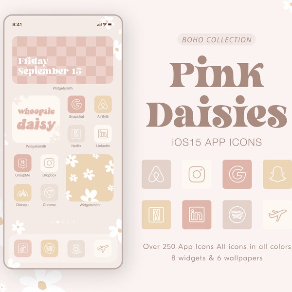 Pink Daisy Boho App Icons | Vintage iPhone iOS16 App Icons | 220 icons in 4 colors | Boho Wallpapers & Widgets | High Quality iPhone Widgets