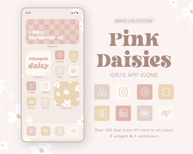 May include: A phone screen mockup with a pink and white daisy theme. The screen shows a calendar with the date "Friday, September 15". The phone screen also shows a grid of app icons with a pink and white daisy pattern. The text "BOHO COLLECTION Pink Daisies iOS15 APP ICONS" is displayed above the phone screen mockup. The text "Over 250 App Icons All icons in all colours 8 widgets & 6 wallpapers" is displayed below the phone screen mockup.