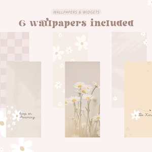 May include: Six phone wallpapers featuring a chequered pattern, a light brown background with the text "keep on dreaming", a light brown background with daisies, a light brown background with a wavy pattern, a light brown background with the text "Be Kind" and a light brown background with daisies.