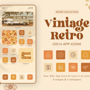 Icônes d'application rétro | Icônes d'application iPhone iOS15 vintage | 220+ icônes en 4 couleurs | Fonds d'écran et widgets vintage | JPG de haute qualité | Widget iPhone