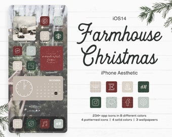 May include: A digital phone screen with a wintery background and a Christmas theme. The screen is decorated with custom app icons in red, green, and white. The icons feature a variety of designs, including snowflakes, Christmas trees, and a clock. The text "It's the most wonderful time of the year" is displayed on one of the icons. The phone screen also includes a calendar widget with the month of December highlighted.