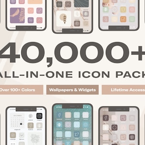 May include: A collection of phone screens showcasing a variety of app icons in a minimalist style. The icons are in muted tones of beige, brown, and pink. The text "40,000+ ALL-IN-ONE ICON PACK" is displayed above the screens. Below the screens are three buttons: "Over 100+ Colors", "Wallpapers & Widgets", and "Lifetime Access".