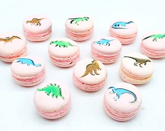 May include: Twelve pink macarons with different dinosaur designs. The macarons are decorated with brown, blue, and green dinosaur silhouettes.