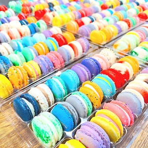May include: A large collection of colorful macarons arranged in clear plastic trays. The macarons feature a variety of vibrant hues including blue, yellow, pink, purple, green, and orange, each with a visible cream filling sandwiched between two cookies.