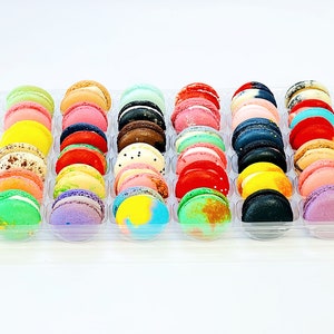 May include: A clear plastic tray filled with colorful macarons. The macarons are arranged in rows and are a variety of colors, including pink, blue, green, yellow, and purple.