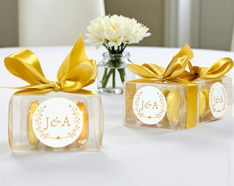 Elegant Custom Macaron Boxes – Gold Ribbon, Monogrammed Favor for Any Celebration