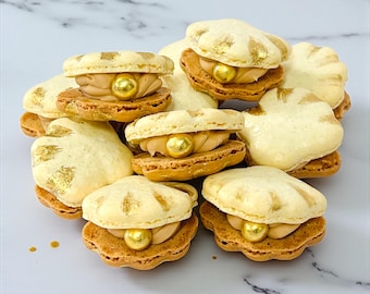 Golden Pearl Seashell Macarons – Customizable Flavors