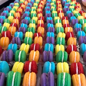 May include: A large collection of colorful macarons arranged in a grid pattern. Each macaron features two round cookies in shades of red, orange, yellow, green, blue, and purple, sandwiching a thick layer of white cream filling in the center.