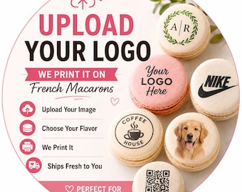 May include: A circular advertisement featuring six French macarons with custom printed designs including logos, a dog portrait, and a QR code. The text reads UPLOAD YOUR LOGO, WE PRINT IT ON French Macarons, and lists steps for uploading images, choosing flavors, printing, and shipping.