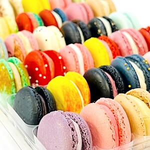 May include: A variety of colorful macarons in a clear plastic container. The macarons are arranged in rows and are filled with different flavors.
