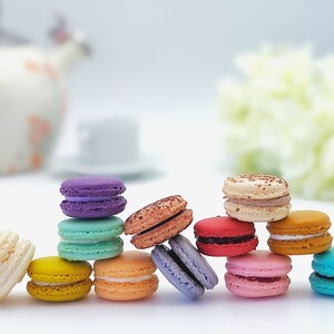 May include: A row of colorful macarons, including purple, teal, yellow, orange, pink, red, brown, and blue, arranged in a semi-circle on a white surface.