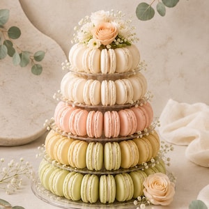 May include: A multi-tiered clear plastic stand holding a stack of round macarons arranged in a conical shape. The macarons are organized by color, featuring layers of white, soft pink, pale yellow, and light green, topped with fresh roses.