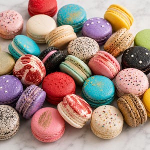 May include: A collection of assorted macarons in various colors including red, yellow, blue, pink, purple, black, and beige. Some feature decorative elements like gold leaf, star-shaped sprinkles, multi-colored sprinkles, or speckled patterns.