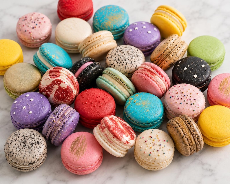 May include: A collection of assorted macarons in various colors including red, yellow, blue, pink, purple, black, and beige. Some feature decorative elements like gold leaf, star-shaped sprinkles, multi-colored sprinkles, or speckled patterns.