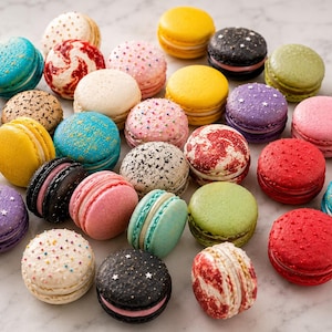 May include: A collection of assorted macarons in various colors and patterns, including solid yellow, red, pink, blue, green, and purple, as well as speckled, swirled, and star-dusted designs, all featuring a visible cream filling between two shells.