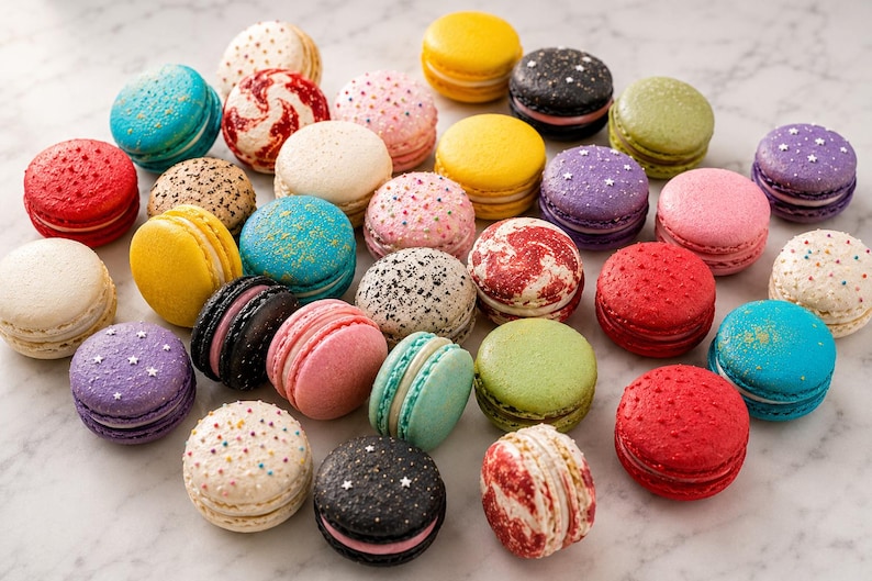 May include: A collection of assorted macarons in various colors and patterns, including solid yellow, red, pink, blue, green, and purple, as well as speckled, swirled, and star-dusted designs, all featuring a visible cream filling between two shells.
