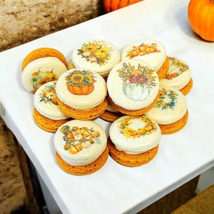 May include: A collection of fall-themed macarons with various pumpkin and floral designs. The macarons are arranged on a white surface.