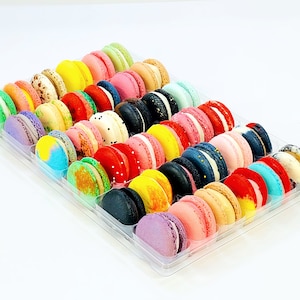 May include: A clear plastic container filled with colorful macarons. The macarons are arranged in rows and are a variety of colors, including pink, blue, green, yellow, and red.