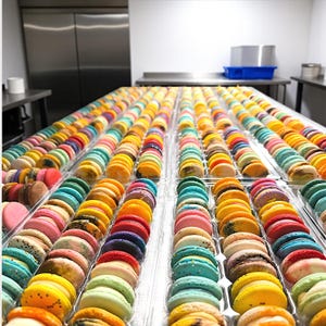 May include: A large collection of colorful macarons arranged in rows within clear plastic trays. The macarons feature a variety of pastel and vibrant hues, including yellow, pink, blue, green, and orange, with visible fillings between two round cookies.