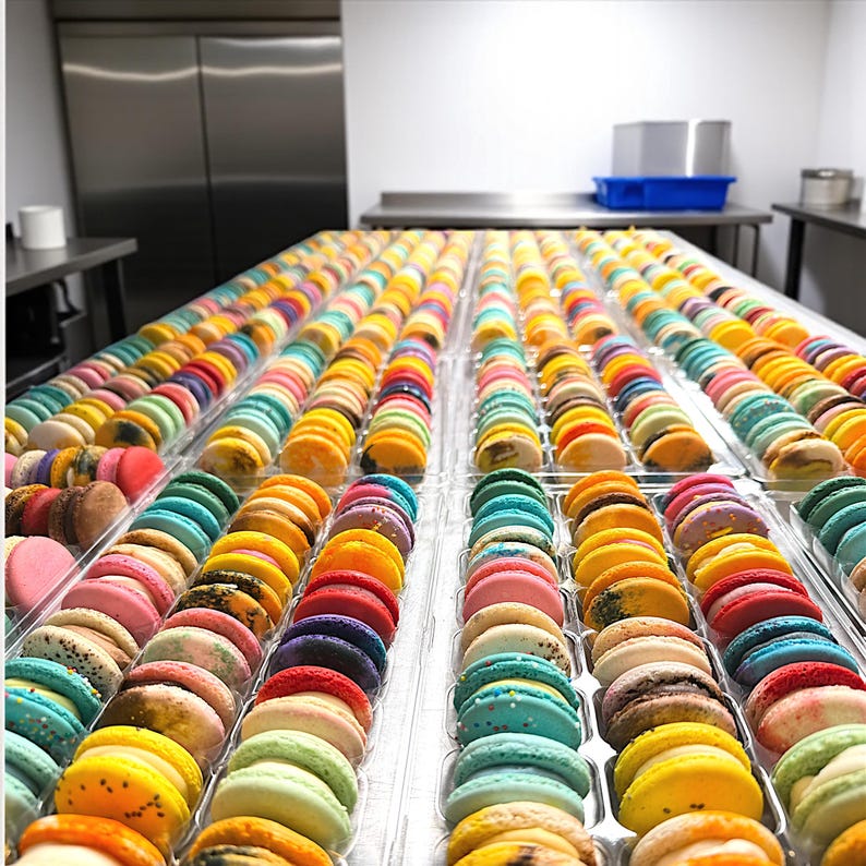 May include: A large collection of colorful macarons arranged in rows within clear plastic trays. The macarons feature a variety of pastel and vibrant hues, including yellow, pink, blue, green, and orange, with visible fillings between two round cookies.