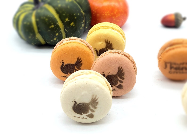 May include: A collection of colorful macarons with a turkey design, perfect for Thanksgiving. The macarons are in shades of orange, yellow, and pink. Decorative gourds and an acorn are in the background.