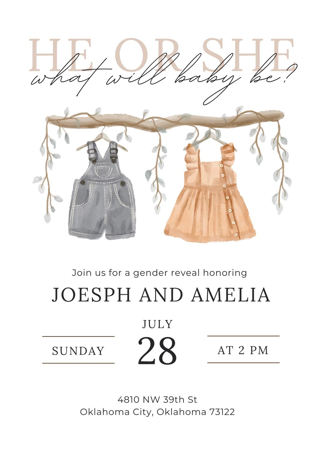 Editable He or She, Boho Baby Clothes Gender Reveal Invitation ...