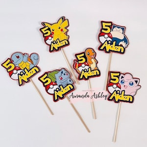 Adornos para cupcakes inspirados en P0k3m0n, adornos para cupcakes de P!kachu, cumpleaños de P0k3m0n, decoración para fiestas de P0k3m0n, adornos de P0k3m0n