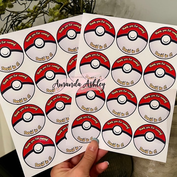 Etiquetas engomadas del favor de Pokemon, favores de Pika, fiesta de cumpleaños de Pokeball