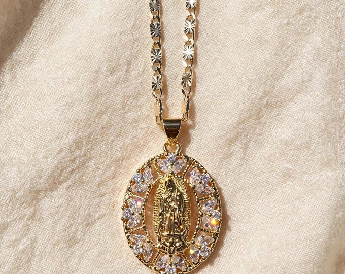 Virgen de Guadalupe Necklace Gold Crystal Pendant