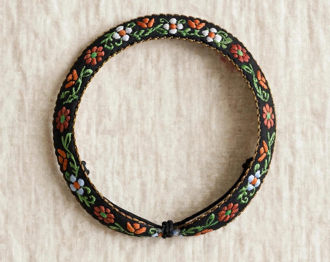 Black Orange Floral Embroidered Bracelet | Mexican Embroidered Bracelet | Floral Woven Bracelet | Adjustable Bracelet | Gift for Her