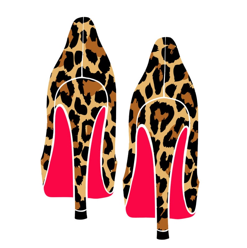 May include: A pair of high-heeled shoes with red soles and a leopard print design.