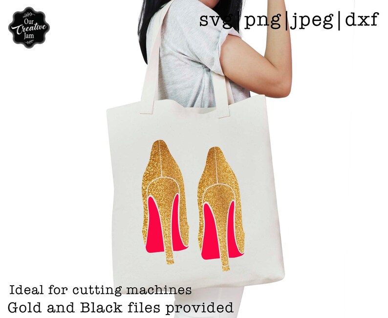 May include: A white tote bag with a design of two gold high-heeled shoes with red soles. The text "svg.png|jpeg|dxf" is at the top of the image. The text "Ideal for cutting machines" and "Gold and Black files provided" is at the bottom of the image.