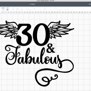 May include: Black and white design for a 30th birthday celebration. The number 30 is surrounded by wings and the words "& Fabulous" are written in a decorative script.