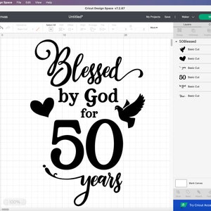 May include: Black and white design for a 50th anniversary celebration. The design features the text "Blessed by God for 50 years" with a heart and a dove.