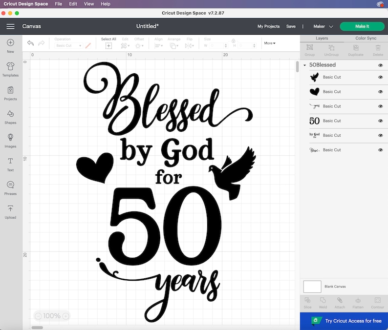 May include: Black and white design for a 50th anniversary celebration. The design features the text "Blessed by God for 50 years" with a heart and a dove.