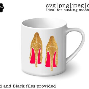 May include: White ceramic mug with a gold glitter design of two high-heeled shoes with red soles. The text "Gold and Black files provided" is at the bottom of the mug.