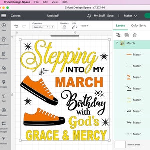 Może przedstawiać: Projekt cyfrowy do drukowanej grafiki, kt&oacute;ra m&oacute;wi "Stepping into my March Birthday with God's Grace & Mercy". Projekt zawiera parę pomarańczowych but&oacute;w sportowych ze sznurowadłami w kolorze czarnym i ż&oacute;łtym wzorem gwiazdy.