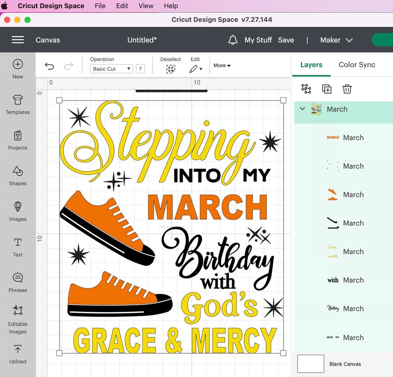 Może przedstawiać: Projekt cyfrowy do drukowanej grafiki, kt&oacute;ra m&oacute;wi "Stepping into my March Birthday with God's Grace & Mercy". Projekt zawiera parę pomarańczowych but&oacute;w sportowych ze sznurowadłami w kolorze czarnym i ż&oacute;łtym wzorem gwiazdy.
