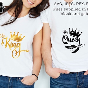 May include: Two white t-shirts with a gold crown and the text "Her King" on one shirt and a black crown and the text "His Queen" on the other shirt.